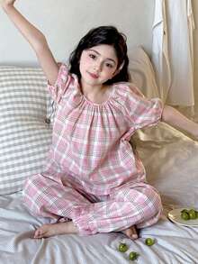 DAZY Tween Girl Plaid Print Bubble Short Sleeve Top And Ruffle Hem Wide Leg Loose Pants Pajama Set, Spring/Summer/Autumn - Pink - View 6