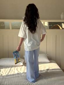 DAZY Conjunto de pijama de niña preadolescente con parte superior de manga corta con estampado de dibujos animados y pantalones a rayas para primavera - Azul y blanco - Ver 5