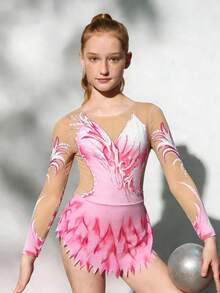 SHEIN Tween Girls' Round Neck Long Sleeve Fitted Fashionable Printed Breathable Sportswear - Pink - View 1