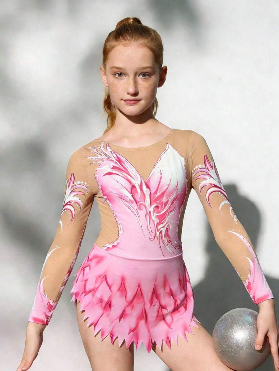 SHEIN Tween Girls' Round Neck Long Sleeve Fitted Fashionable Printed Breathable Sportswear - Pink - View 1