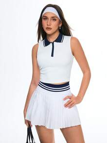 Eassivo Eassivo Women's White Tennis Skort W/ Navy Triple‑Stripe Waist - Pleated A‑Line Skirt, Breathable Liner, Motion‑Friendly Stretch Fabric,Workout Set Skirt,Tennis Skirt Pleated,Pleated Skort - Blue and White - View 6