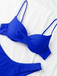 Swim Basics 女士夏季沙滩纯色交叉性感比基尼泳装套装，聚拢型 - 藍色 - 查看 3