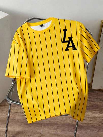 Manfinity Joysei Men's Casual Yellow Striped College Letter T-Shirt, Suitable For School And Outings