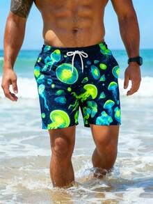 Manfinity RSRT Men's Ocean Animal Print Beach Shorts, Mesh Lining, Suitable For Summer Vacation - Blue - View 2