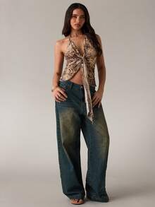 SHEIN BAE Áo hai dây dáng suông buộc dây họa tiết da rắn, chất liệu lưới, thích hợp cho nữ mùa xuân/hè, đi nghỉ mát, dự tiệc âm nhạc, lễ hội âm nhạc, lễ hội nhạc đồng quê, trang phục miền Tây, áo mùa hè, trang phục đi club, áo họa tiết động vật, áo vintage, áo đi biển, trang phục mùa hè cho nữ, áo đẹp để phối với quần jeans, áo cổ yếm. - Màu Khaki - Xem 4
