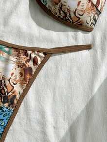 Swim Vcay Digital Print Wireless Halter Backless Bikini Top And Thong Bottoms Women Sexy Swimwear Set For Beach Vacation, Spring/Summer - Multicolor - View 5