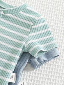 4pcs/Set Newborn Baby Boy/Girl Summer Cute Striped Blue Short Sleeve Romper & Shorts 4-Piece Outfit, Suitable For Home & Outings - Multicolor - View 9