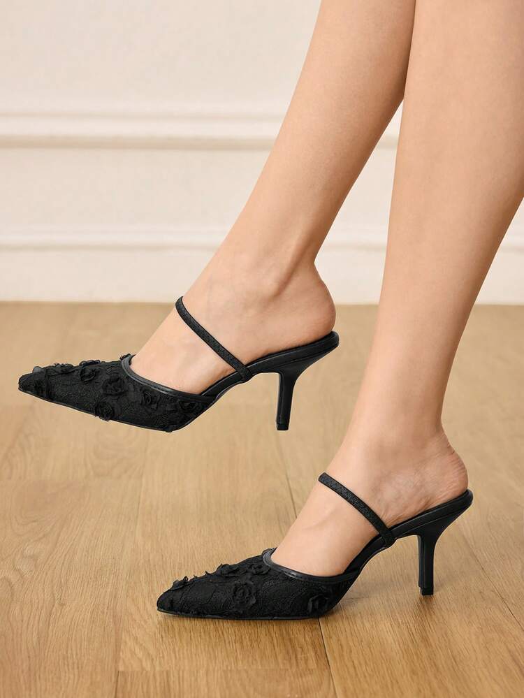 CUCCOO HITCHD New Summer Women's Pointy Toe Floral Embroidered Lace Mid Heel Elegant Romantic Mesh Lace Slip-On High Heels, Ideal For Formal Dress, Wedding, Party, Afternoon Tea, Date Night Elegant Shoes Wedding Shoes Summer Shoes Bride Shoes