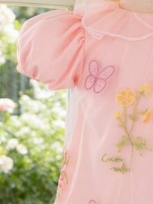 Souflis Souflis French Style New Baby Girl Princess Embroidered Mesh Petal Sleeve Dress, Suitable For Birthday Party, Evening Party, Daily Wear - Pink - View 4