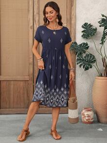 EMERY ROSE Women's Casual Geometric Print Mid-Length Dress - Navy Blue - View 3