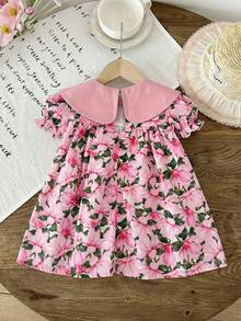 LMoss Kids Đầm dệt phối màu cổ Peter Pan tay cánh hoa cho bé gái, kiểu dáng thường ngày. - Nhiều màu - Xem 4