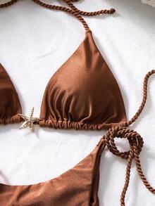 Swim Chiccia Elegant Shiny Brown Halter Triangle Bikini Set, Starfish Decor Rope Tie Side Vacation 2 Pieces Swimwear - Brown - View 4