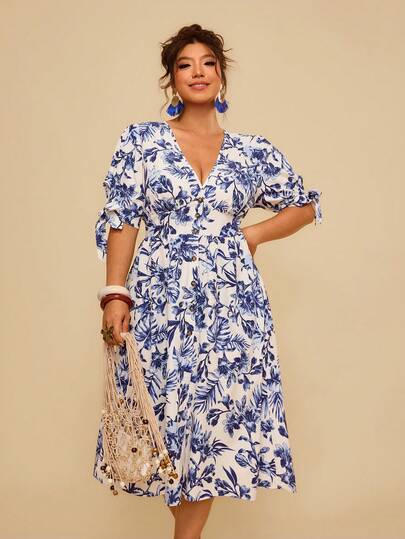 Travachic Plus Size Summer Floral Print Button Decor Nautical Beach Maxi Dress