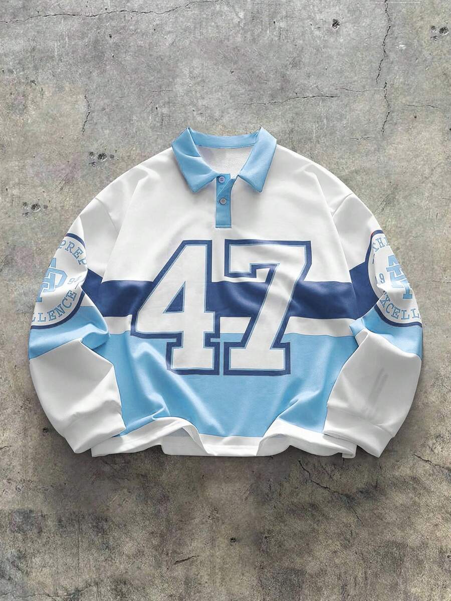 EASEVO Áo polo dài tay dệt kim phối màu dáng rộng dành cho nam cỡ lớn, in số. - Nhiều màu - Xem 1