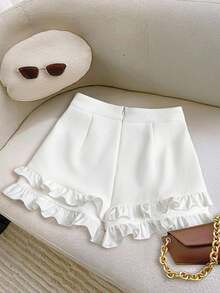 Franclia Petite 女士新款春夏荷叶边拼接优雅白色短裤，适合娇小身材 - 白色 - 查看 2