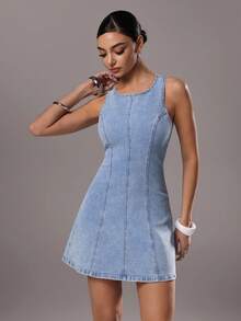 TRNVIE Women's Round Neck Sleeveless Fitted Casual Denim Dress - Blue - View 5