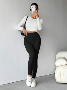 SHEIN Tall Women Ribbed High Waist Leggings Four Seasons - Black - View 5