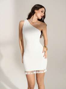 SHEIN Tall Vestido ajustado con un hombro y flecos para el verano, vestido de graduación blanco - Blanco - Ver 1