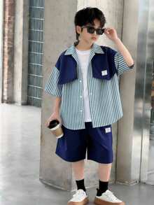 SHEIN Little Byeori 2pcs Kids Tween Boy Navy Blue Summer Casual School Back-To-School Contrast Color Block Striped Collar Cardigan & Shorts Set,Tracksuit,Y2K Outfit Set - Multicolor - View 4