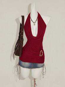 SHEIN ICON 女士深V领无袖上衣，金属装饰，露背设计 - 酒紅色 - 查看 4