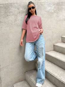 SHEIN EZwear 宽松纯色圆领落肩短袖休闲T恤，莲藕粉色 - 藕粉色 - 查看 3