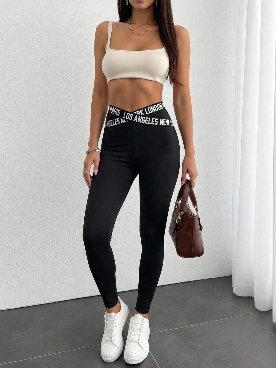 Mulvari Leggings con inserto de malla con gráfico de Los Ángeles - Negro - Ver 1