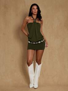 Glamine 女士时尚性感露背吊带迷你连衣裙 - 軍綠色 - 查看 6