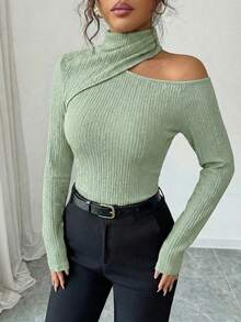 Modelyn Áo thun nữ dài tay dáng ôm, cổ lệch, chất liệu vải dệt họa tiết, thích hợp cho mùa thu/đông. - màu xanh lá - Xem 3