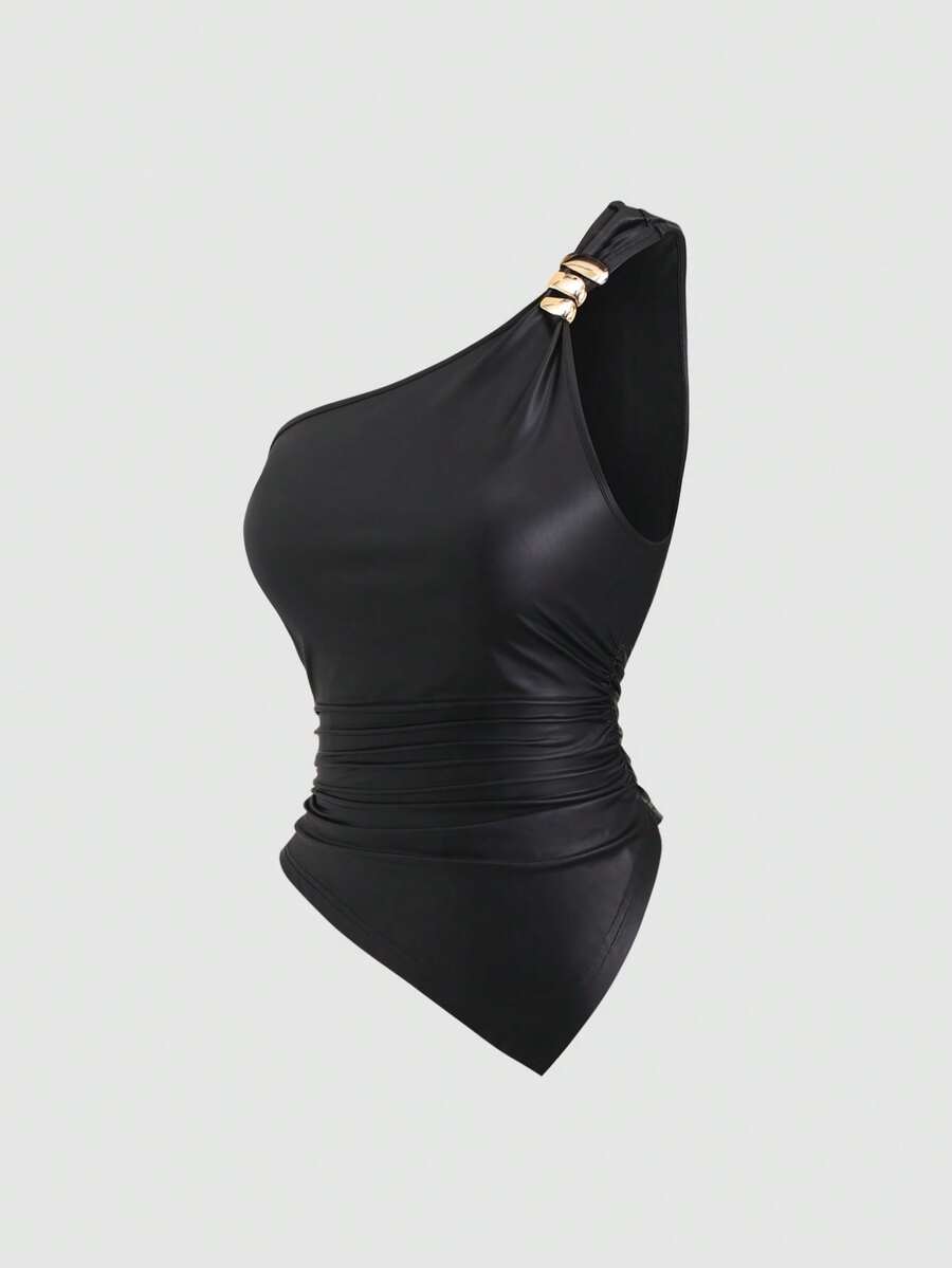 Sweetra 新款夏季无袖不对称叠层金属扣短款黑色背心，适合日常穿着 - 黑色 - 查看 1