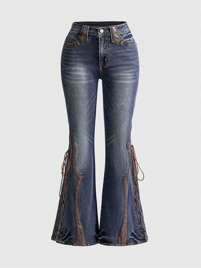 ROMWE Hippie Vintage Washed Patchwork Leather Lace-Up Flare Leg Jeans, Suitable For Western Music Festival