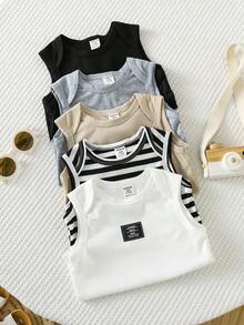 SHEIN 5pcs/Set Newborn Baby Boy Casual Versatile Soft Knit Striped Undershirt Style Outfit Set - Multicolor - View 3