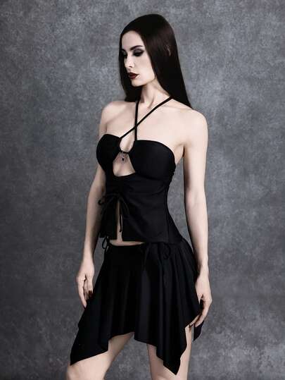 Glisette طقم ملابس سباحة للنساء يتكون من ملابس علوية تانكيني بربطة عنق وألوان سادة وأسفل مثلث مع تنورة قصيرة مطابقة، مثالي للعطلات الشاطئية