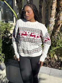 Tyla Gomez 女士休闲驯鹿图案圆领落肩长袖毛衣，秋冬 - 白色 - 查看 6