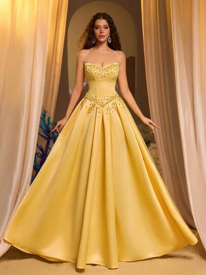 Glamrae 优雅的黄色无肩带连衣裙，饰有奢华的手工串珠和水钻，蓬松的裙摆，可调节的系带后背，适合约会、海滩度假、生日、派对、婚礼、毕业典礼、正式场合等各种场合。