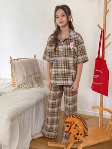 DAZY Girls Plaid Short Sleeve Pajama Set - Khaki - View 6