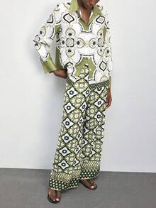 Maija 两件套女士印花长袖上衣和阔腿裤，休闲日常穿着 - 彩色 - 查看 6