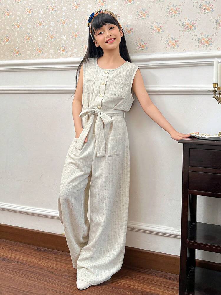 Tween Girls' Solid Color Round Neck Sleeveless Front Button Loose Jumpsuit