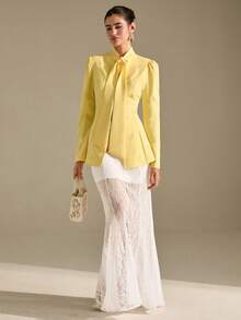 CLARA VERO Women's Lace-Up Waist Embroidered Long Sleeve Blazer - Light Yellow - View 4