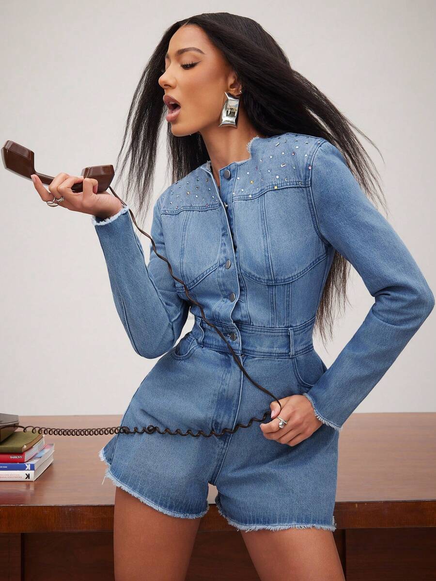 NYA SZN Women's Summer Fashion Rhinestone Washed Button Half-Placket Frayed Hem Long Sleeve Denim Jumpsuit - Medium Wash - View 1