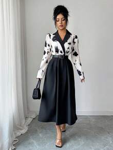 Elenzga Urban Chic New Women's Spring/Summer Floral Print Lapel Puff Sleeve Belted High Waist A-Line Midi Dress, Suitable For Daily Wear, Weddings, Galas, Commute, Graduation Parties, Holidays, Vacations, Dates, Parties, Halloween, Christmas, New Year, Thanksgiving - Black - View 4