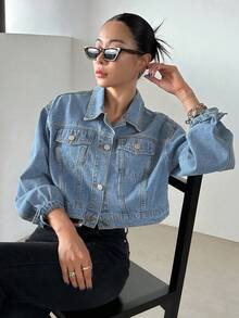 DAZY Cazadora mezclilla crop de hombros caídos - Lavado ligero - Ver 5