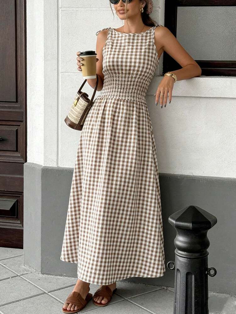 Pariaura 2026 New Arrival Brown Plaid Maxi Dress For Women, Bow Tie Straps & Ruffled Smocked Waist, Casual Commuter Minimalist Style, Perfect For Vacation Daily Wear Checkered Dress Picnic Dress Gingham Dress Summer Elegant Dress French Style Dress Square Neck Dresses For Women Milkmaid Dress Women - Multicolor - View 6