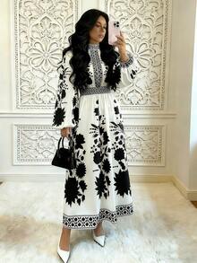 Rafferiza 女士优雅印花长袖连衣裙 - 黑色 - 查看 1