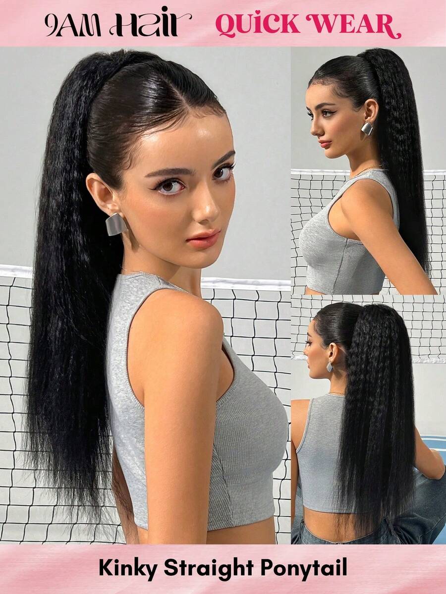 QUICK WEAR Ponytail Human Hair Drawstring Kinky Straight Ponytail Human Hair Extension Natural Black Extension Pony Tail Clip In Hair Extensions For Women Kinky Straight Ponytail Extension Human Hair Hairpieces Pony Tail For Daily Use Easy To Wear Hair Extensions 1pc 9AM Hair Sport Vacation Travel Festival Prom Outdoor Cosplay Campus School Beach Wedding Camping Holiday Outfits Summer Outfits Vacay Vibes Charm Elegant Casual Y2k Fashion Styles Ss25 Keywords - SNatural - View 1