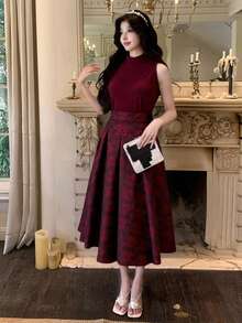 DAZY 女士优雅高领无袖上衣和A字印花半裙两件套，夏季婚礼宾客礼服 - 酒紅色 - 查看 1