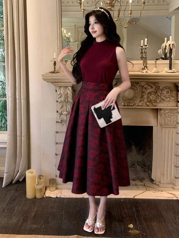 Women's Elegant High Neck Sleeveless Top & A-Line Floral Print Skirt 2 Piece Set, Summer,Wedding Guest Dress Women