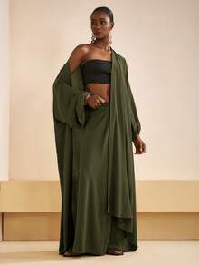 Zivah 新款秋季音乐节及毕业典礼休闲学院风百搭度假海滩日光浴街头风宽松女装两件套 - 棕色纹理扎染水彩亚麻开衫 + 扭腰长裙裹身连衣裙女士礼拜服女装惊艳连衣裙 - 軍綠色 - 查看 5