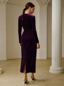 ZEYLAH Đầm maxi dài tay cổ tròn thanh lịch thêu đính cườm dành cho nữ, thích hợp cho mùa Thu/Đông. - Màu tím - Xem 3