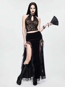 ROMWE Gothic Floral Flocked Mandarin Collar Fitted Vest - Black - View 5