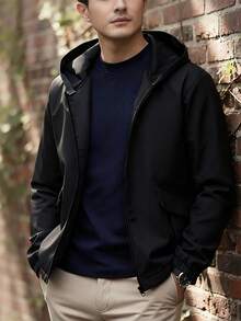 Manfinity Homme Men's Casual Everyday Commute Minimalist Solid Color Zip-Up Hooded Jacket - Black - View 3